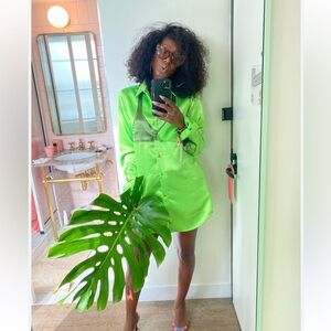 Sammy B Samantha Black Vibrant Green Satin Button Down Mini Shirt Dress XS 🫒🍋‍🟩💚